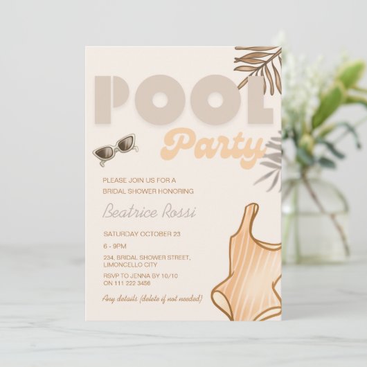 Boho Beige Pool Party Retro  Vrijgezellenfeest Kaart (Staand voorkant)