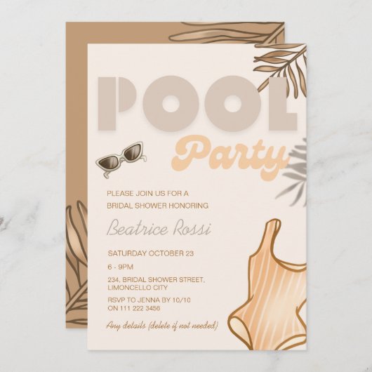 Boho Beige Pool Party Retro  Vrijgezellenfeest Kaart (Voorkant / Achterkant)
