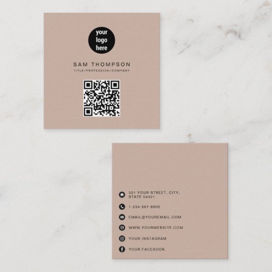 Boho Beige QR Code Business Logo Modern Contactkaartje (Voorkant / Achterkant)