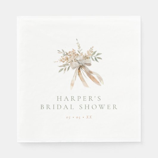 Boho Beige & Sage Bloemen & Lint Bruidsfeest Servet (Voorkant)