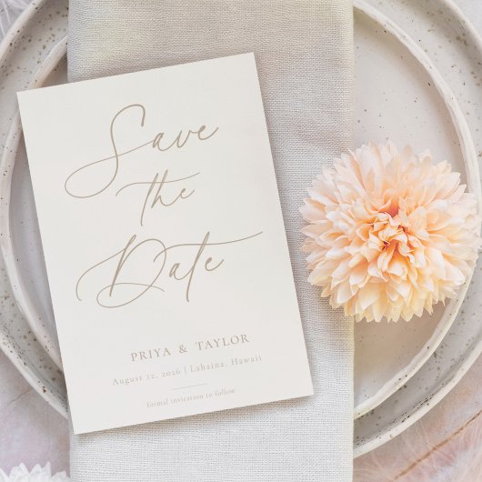 Boho Beige Script Save the Date Photo Card