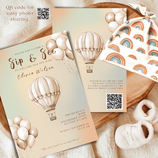 Boho Beige Sip en See Uitnodiging met QR-code