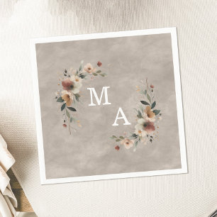 Boho Beige Taupe Floral krans bruiloft Monogram Servet