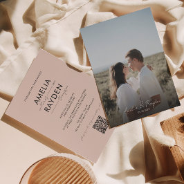 Boho Beige Typografie Script Foto QR Code Bruiloft Kaart