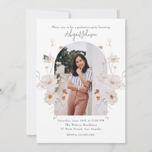 Boho Beige Waterverf Bloemen Graduation Party Kaart (Achterkant)