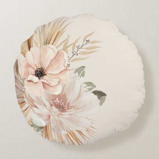 Boho Beige Waterverf Bloemen Palmen Sierkussen Rond Kussen (Achterkant)