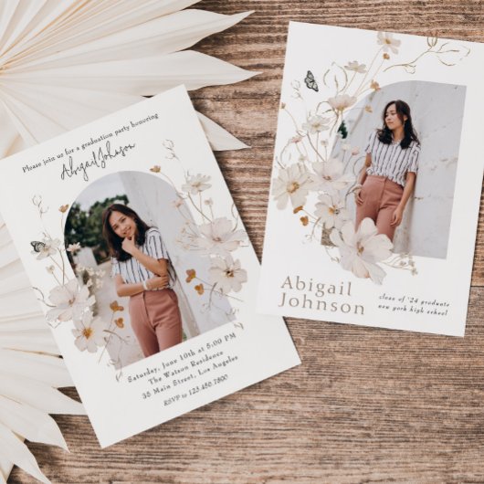 Boho Beige Waterverf Bloemengraduatefeest Kaart