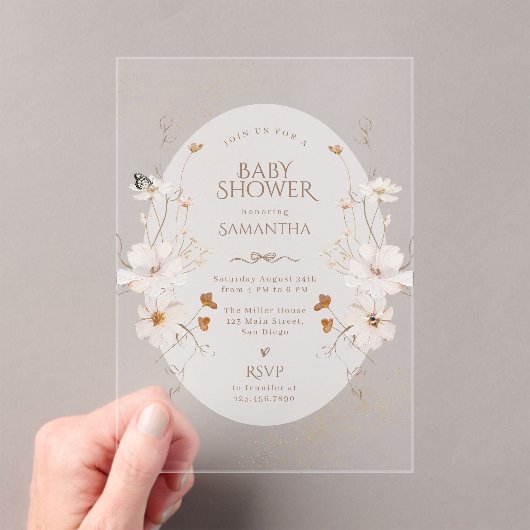Boho Beige Waterverf Bloemetuin Baby Shower Acryl Uitnodigingen (Insitu (Draagbaar))