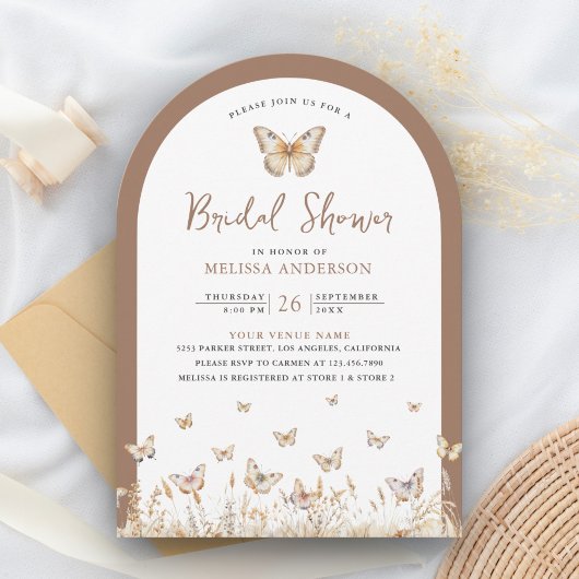 Boho Beige Wilde Bloem Vlinder Boog Bruidsdouche Kaart
