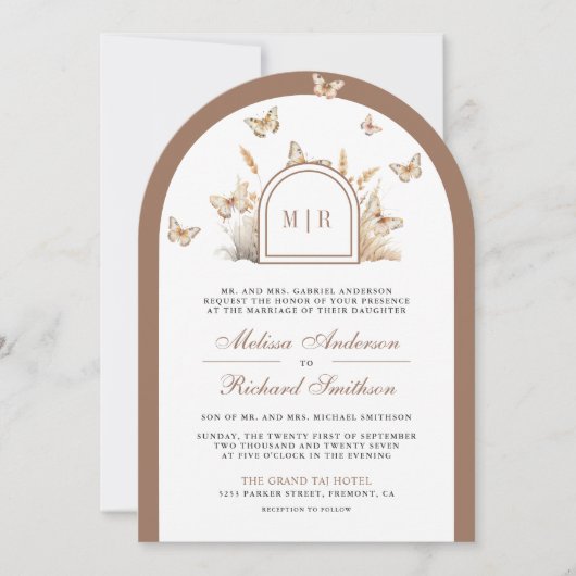 Boho Beige Wilde Bloem Vlinder Boog Bruiloft Kaart (Voorkant)