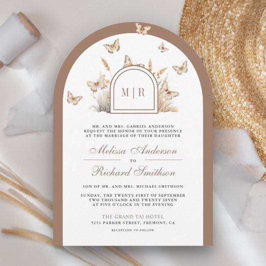 Boho Beige Wilde Bloem Vlinder Boog Bruiloft Kaart