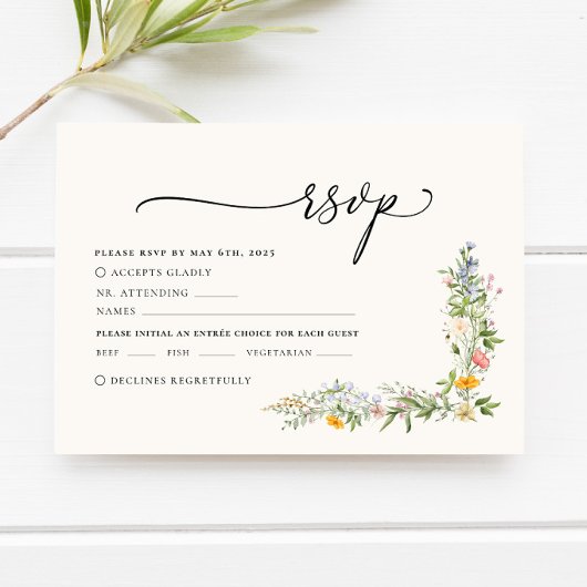 Boho Beige Wildflower Wedding RSVP Kaart