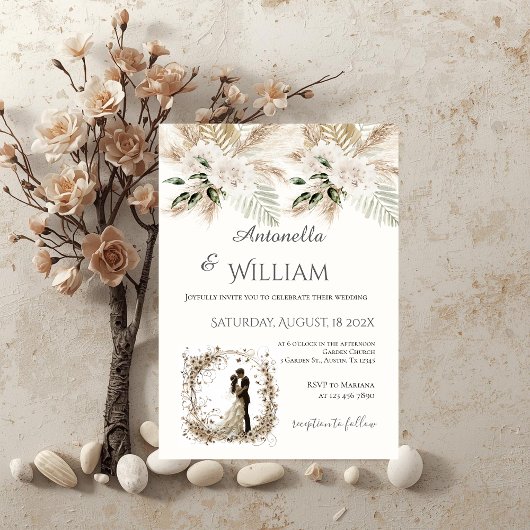 Boho beige with bride and groom wedding kaart