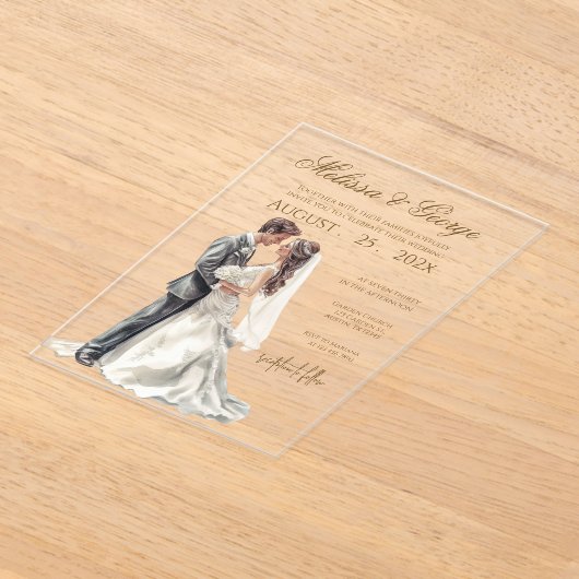 Boho beige with bride Wedding Acryl Uitnodigingen (Laagn)