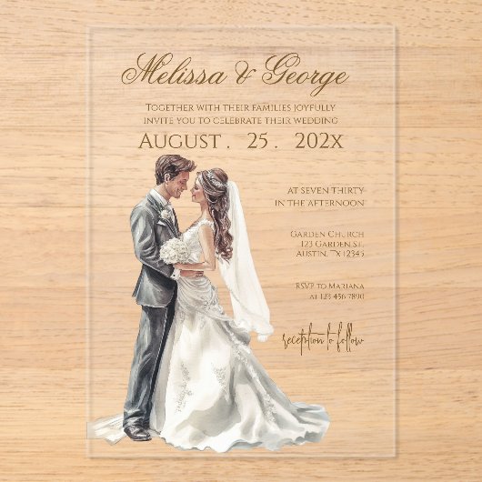 Boho beige with bride Wedding Acryl Uitnodigingen (Voorkant)