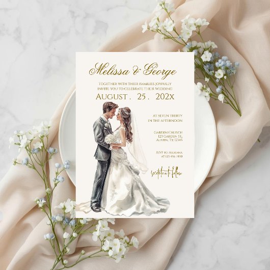 Boho beige with bride Wedding Kaart
