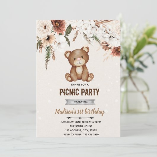 Boho beren shower picknick uitnodiging (Staand voorkant)