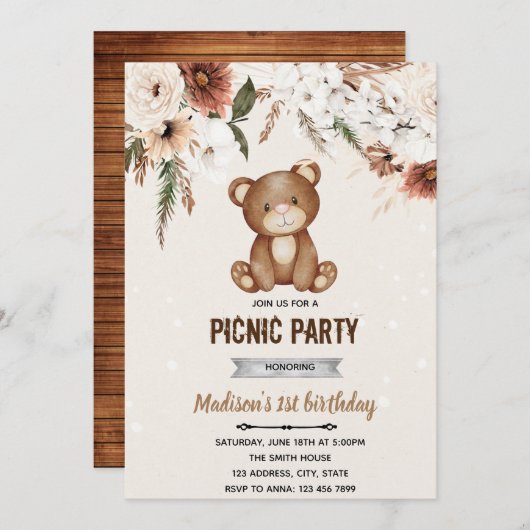 Boho beren shower picknick uitnodiging (Voorkant / Achterkant)