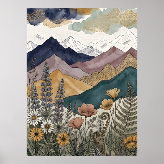 Boho Berg Lupine Bloemenweide Poster (Voorkant)