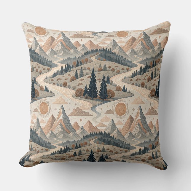 Boho Berg Rivier Abstract Landschap Patroon Kunst Kussen (Voorkant)