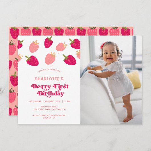 Boho Berry First Birthday Photo Invitation Kaart (Voorkant / Achterkant)