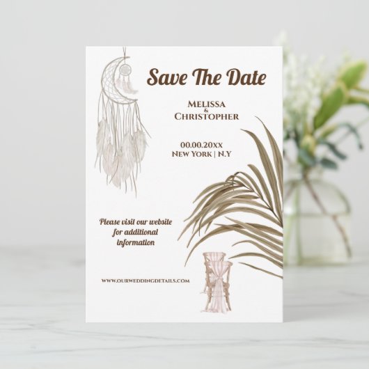 Boho bewaar droomjurk voor bruiloft save the date (Staand voorkant)
