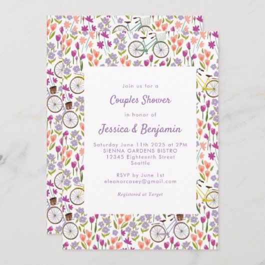 Boho Bicycle Floral Script Chic Couples Shower Kaart (Voorkant / Achterkant)