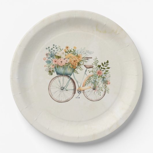 Boho  Bicycle met Bloemenmand Waterverf Papieren Bordje (Voorkant)