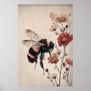 Boho Bij in Rode Bloem Print, Vintage Botanisch Poster