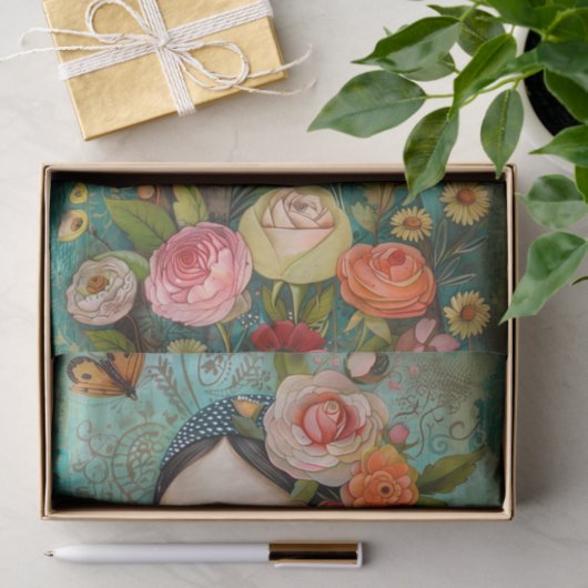 BOHO BIRD EN BLOEMENMEISJE DECOUPAGE TISSUEPAPIER (Geschenk)