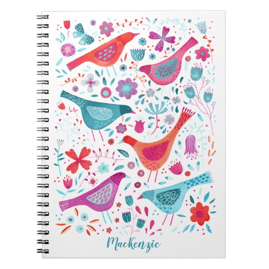 Boho Birds and Flowers Waterverf Custom Name Notitieboek (Voorkant)