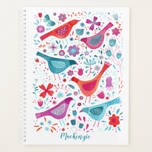 Boho Birds and Flowers Waterverf Custom Name Planner (Voorkant)