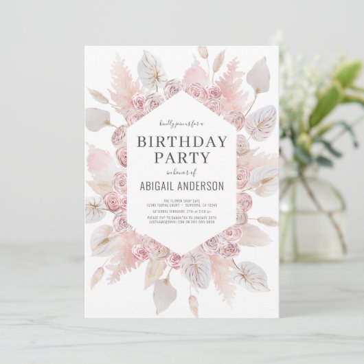 Boho Birthday Blush Roze Elke Leeftijd Partij  Kaart (Staand voorkant)