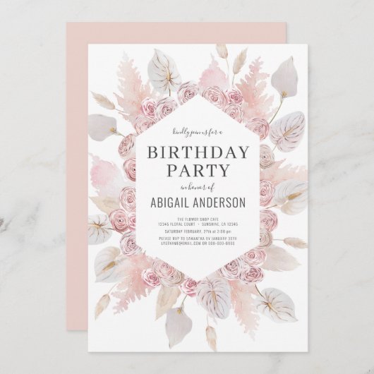 Boho Birthday Blush Roze Elke Leeftijd Partij  Kaart (Voorkant / Achterkant)