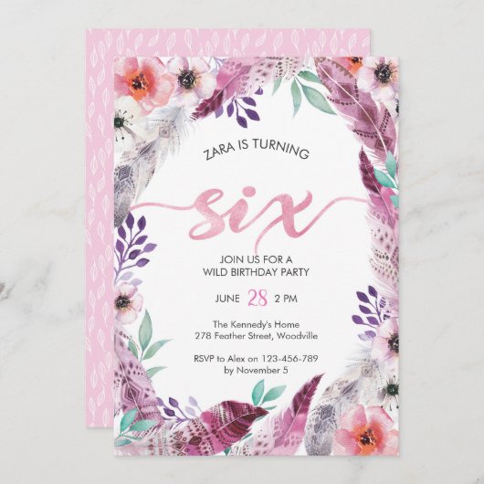 Boho Birthday party Invitation | Zesde verjaardag Kaart (Voorkant / Achterkant)