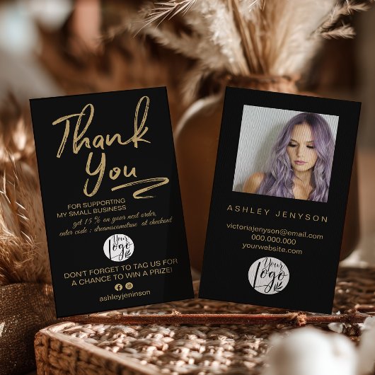 Boho Black and Gold Script Photo Thank You Logo Visitekaartje