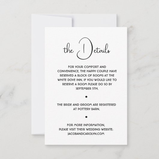 Boho Black and White Minimal Wedding Details Kaart (Voorkant)