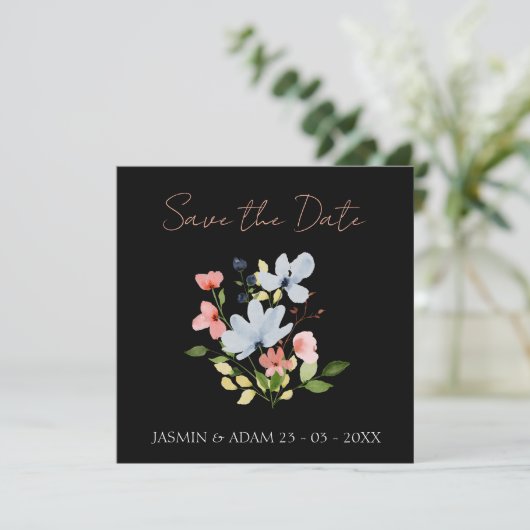 Boho Black Blush en Witte Bloemstuk Save The Date (Staand voorkant)