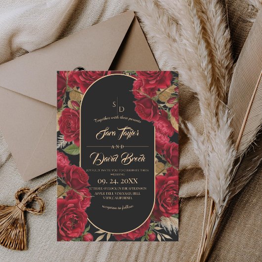 Boho Black ⎮ Bruidsrozen Burgundy Bloemige Trouw Kaart