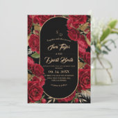 Boho Black ⎮ Bruidsrozen Burgundy Bloemige Trouw Kaart (Staand voorkant)