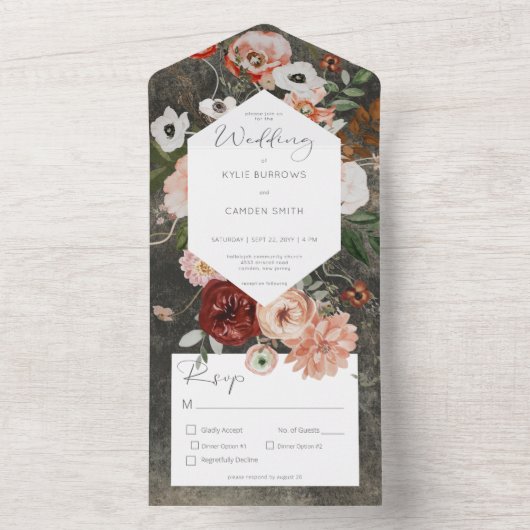 Boho Black Burgundy Herfst Floral Dinner All In One Uitnodiging (Binnen)