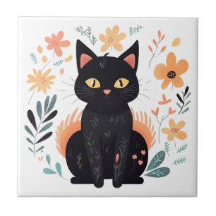 Boho Black Cat Scandinavische volkskunst Tegeltje