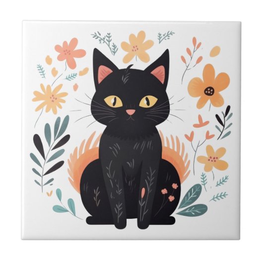 Boho Black Cat Scandinavische volkskunst Tegeltje (Voorkant)