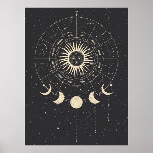 Boho Black en Beige Zodiac Moon Phases Poster (Voorkant)