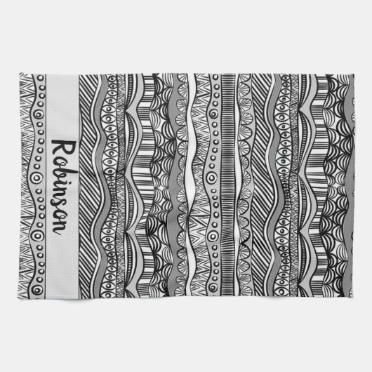 Boho Black en White Tribal Print Theedoek (Horizontaal)