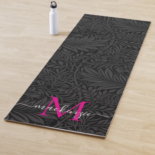 Boho Black Floral Hot Pink Monogram Naam Yogamat (In situ)