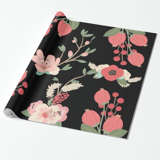 Boho Black Garden Party Floral Cadeaupapier (Uitgerold)
