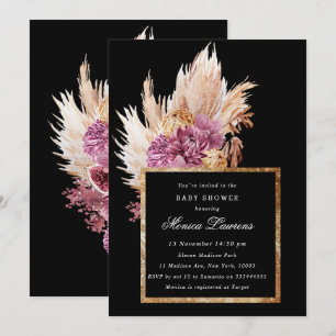 Boho Black, Gold Floral Bridal Shower Invitation Kaart