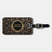 Boho Black Gold Foil Mandala | Monogrammed Girly Bagagelabel (Voorkant horizontaal)