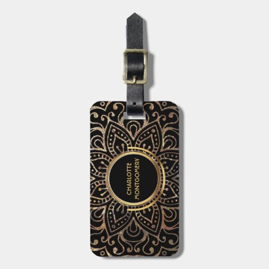 Boho Black Gold Foil Mandala | Monogrammed Girly Bagagelabel (Voorkant verticaal)